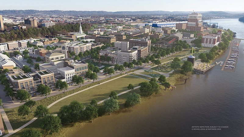 Rendering contributed by Urban Story Ventures / A 2019 rendering shows how The Bend, a planned mixed-use project off Riverfront Parkway, might develop in the future.