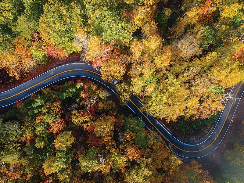 Getty Images / Aerial View of the Tail of the Dragon road near the Tennessee and North Carolina border in the Smoky Mountains.