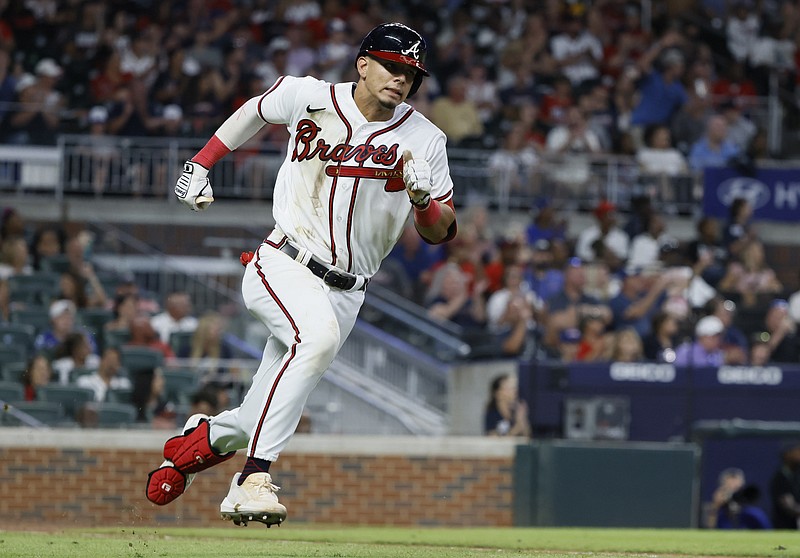 AP photo by Bob Andres / The Atlanta Braves’ Vaughn Grissom takes off after hitting a double during the seventh inning of Saturday night’s home game against the Miami Marlins.