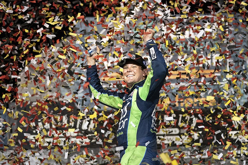 AP photo by Sean Rayford / Petty GMS Motorsports driver Erik Jones celebrates after winning the Southern 500 on Sunday night at South Carolina’s Darlington Raceway. It was the first race of the NASCAR Cup Series playoffs, and Jones became the first driver in series history to win the postseason opener after failing to make the playoffs.