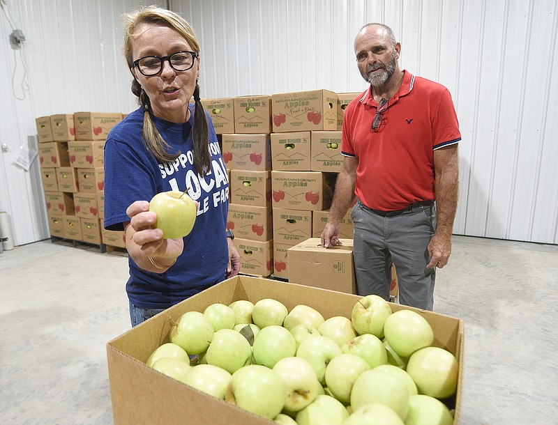 Staff photo by Matt Hamilton / Cathy Jennings, left, and Mark Burnett look over a box of Golden Delicious apples at Oren Wooden's Apple House in Pikeville, Tenn. on Sunday, September 11, 2022.