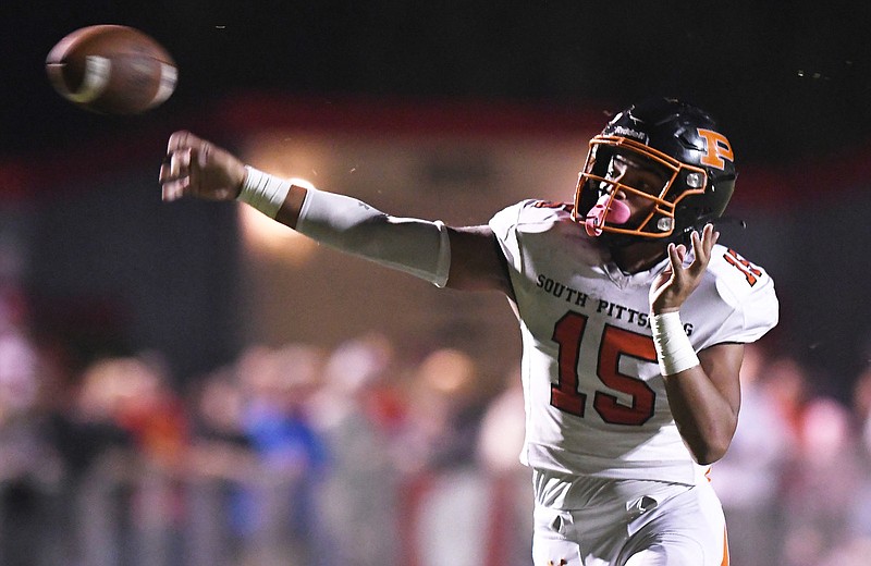 Staff photo by Robin Rudd / South Pittsburg's Kamden Wellington fires a pass during Friday's road win against Region 3-1A foe Whitwell.