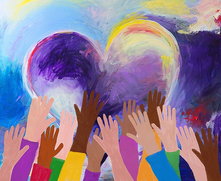 Raised hands of multicultural depicting group, love, unity and equality. Abstract acrylic on canvas and digital hand painting. / Getty Images