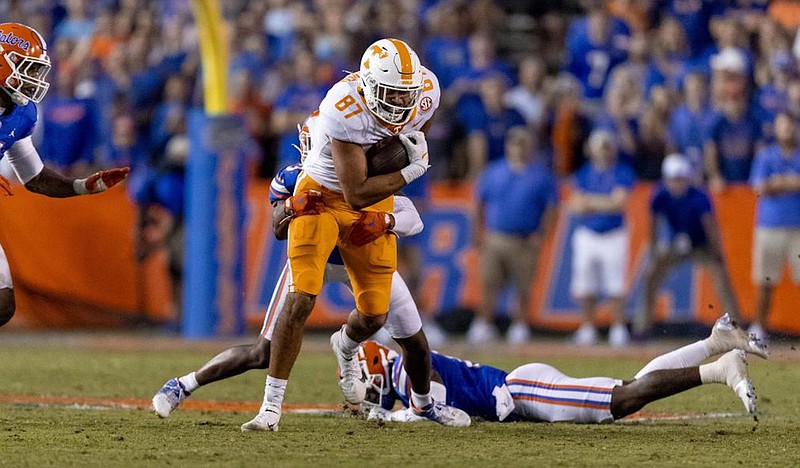 Tennessee Athletics photo / Tennessee tight end Jacob Warren fights for yardage during last season’s 38-14 loss at Florida.