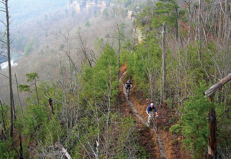 Photo courtesy of the International Mountain Bicycling Association / Mountain bikers ride along a steep section of Tennessee’s only EPIC-rated trail system, located in Big South Fork National River and Recreation Area.