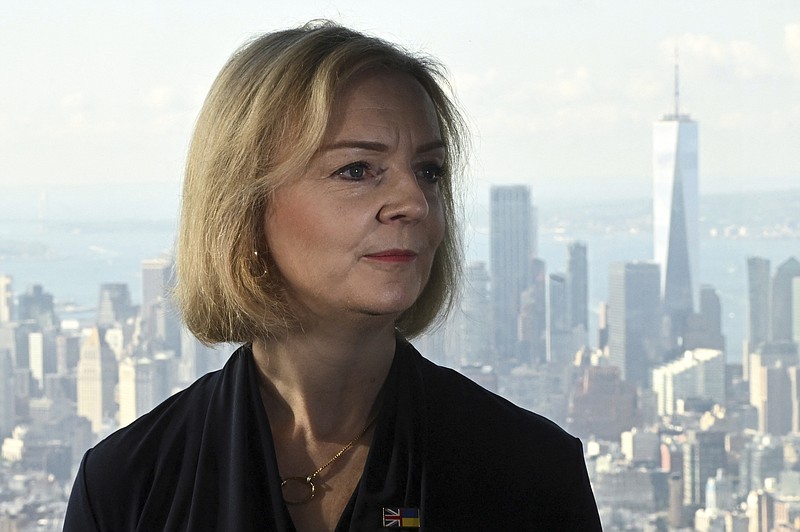 British Prime Minister Liz Truss speaks to the media on the occasion of her visit at the Empire State building in New York, Tuesday, Sept. 20, 2022. (Toby Melville/Pool Photo via AP)