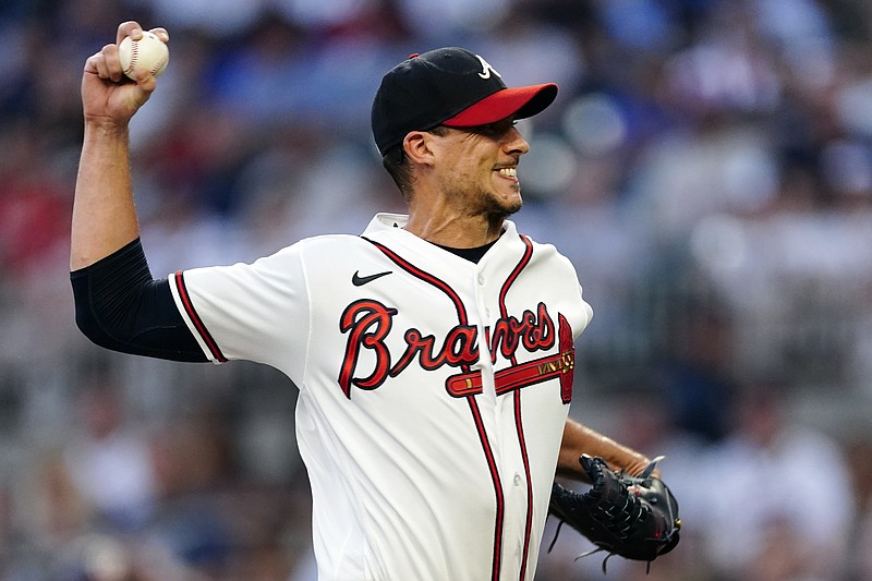Atlanta Braves starting pitcher Charlie Morton works against the Washington Nationals during the first inning of a baseball game Tuesday, Sept. 20, 2022, in Atlanta. (AP Photo/John Bazemore)