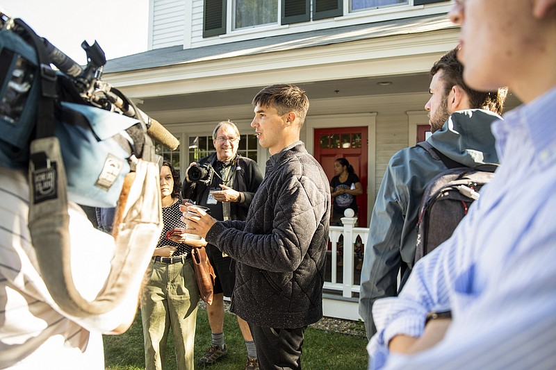 New York Times photo by Matt Cosby / State Rep. Dylan Fernandes (D-Mass.), speaks with members of the media regarding the group of migrants who recently arrived on Martha’s Vineyard in Edgartown, Mass., on Sept. 15.