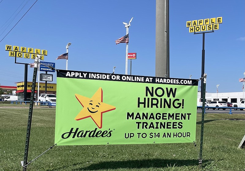 Staff File Photo by Dave Flessner / A sign for Hardee’s is shown shown Thursday, Sept. 22, 2022. Hardee's is seeking to hire managers and other workers to staff local restaurants. Hospitality employment rose this summer to an all-time high and many restaurants continue to advertise to try to hire workers to fill job vacancies.