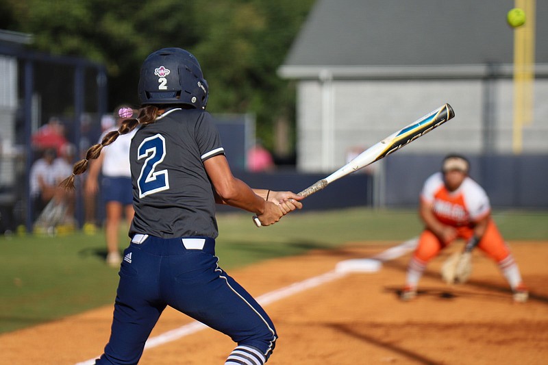Staff photo by Olivia Ross / Gordon Lee's Chloee Fryar gets a hit during Thursday's home game against LaFayette in Chickamauga, Ga. Fryar went 4-for-4 to help the Lady Trojans win 10-5 and keep the Lady Ramblers from gaining an edge in the GHSA Region 6-AAA softball standings.