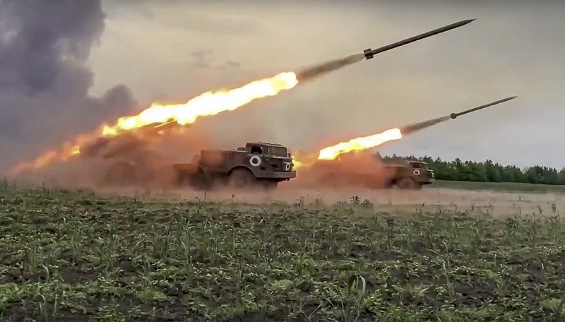 Russian Defense Ministry Press Service via AP, File / In this handout photo released in June by Russian Defense Ministry Press Service, the Russian military's Uragan multiple rocket launchers fire rockets at Ukrainian troops at an undisclosed location.