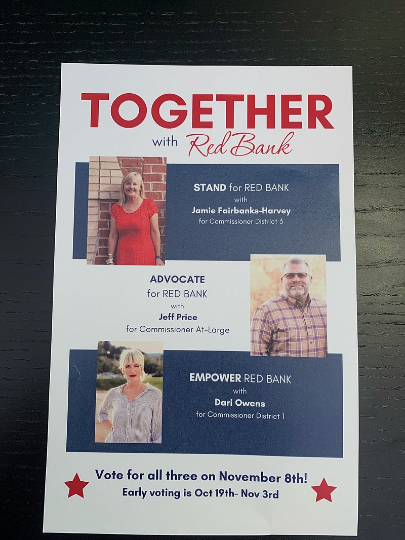 A flyer advocates for the election of Red Bank Board of Commissioners candidates Jamie Fairbanks-Harvey, Jeff Price and Dari Owens. / Contributed photo