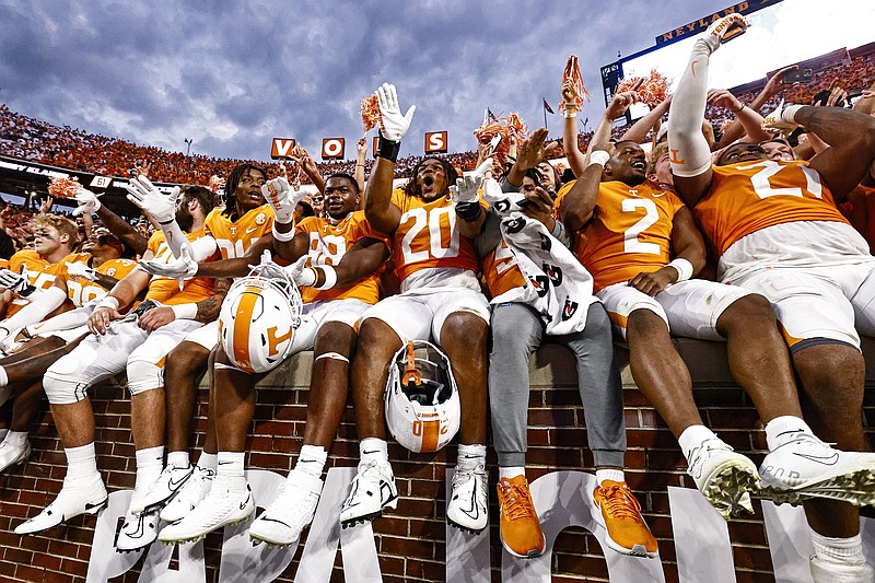 AP photo by Wade Payne / Tennessee running back Jaylen Wright (20) and other Vols celebrate Saturday's 38-33 win against SEC rival Florida at Neyland Stadium.