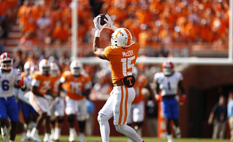 Tennessee Athletics photo / Bru McCoy reaches up to snag a pass that resulted in a 70-yard gain during Tennessee’s 38-33 defeat of Florida on Saturday in Neyland Stadium. McCoy led the Vols with five receptions for 102 yards.