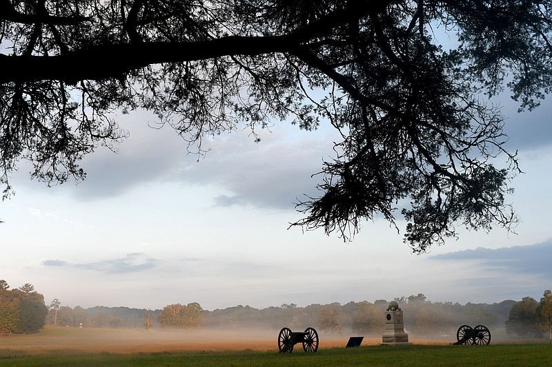 Staff Photo by Robin Rudd / The rising run illuminates Dyer Field, as the monument and cannons of the 1st Ohio Artillery, Battery G still stand in shadow on Sept. 20, 2022. 159 years ago, September 20, 1863, the Union and Confederate Armies, totally around a combined 125,000 men, with nearly 35,000 becoming causalities, would engage on the second day of the Battle of Chickamauga. The fighting would begin around 9:30 a.m. at the north end of Chickamauga National Battlefield Park.
