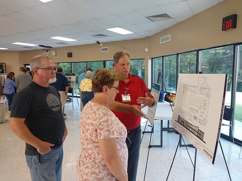 Staff photo by Mike Pare / John Argo, right, of SE Capital Partners, talks about a proposed new village town center in Walden at a community meeting on Monday at St. Augustine Catholic Church.