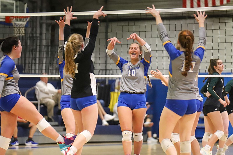 Staff photo by Olivia Ross  / Boyd Buchanan cheers after a play. Boyd Buchanan took on Silverdale Baptist at home on Tuesday, September 27, 2022.