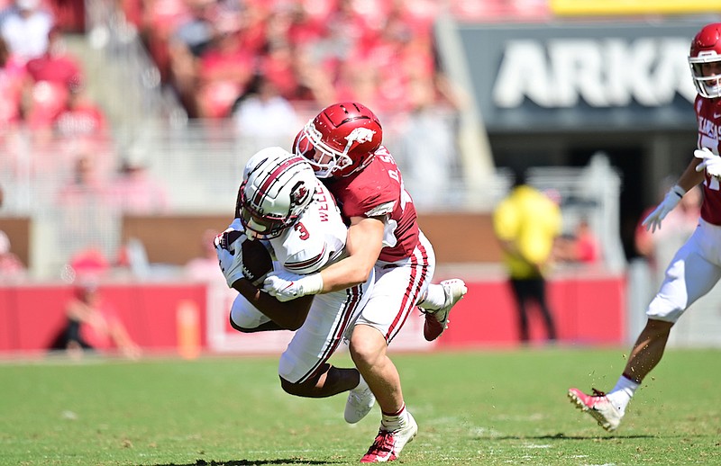 Arkansas Athletics photo / Arkansas junior linebacker Drew Sanders spent his first two seasons at Alabama but now leads the Razorbacks with 6.5 tackles for loss and 5.5 sacks. The Hogs host the Crimson Tide this weekend.
