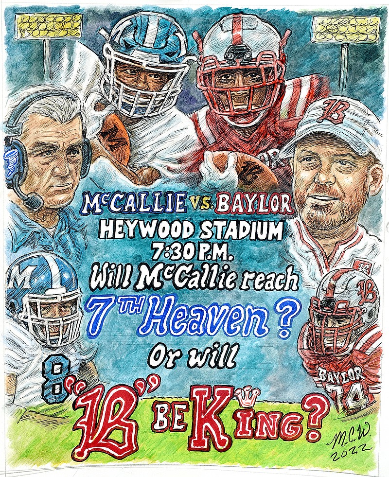 Staff illustration by Mark Wiedmer / Two Chattanooga prep football programs with a long history and state rankings will meet Friday night when No. 2 Baylor hosts No. 3 McCallie in a TSSAA Division II-AAA East Region game. Baylor is 5-0, including 2-0 in the region, while three-time reigning state champion McCallie is 4-1, 1-1.