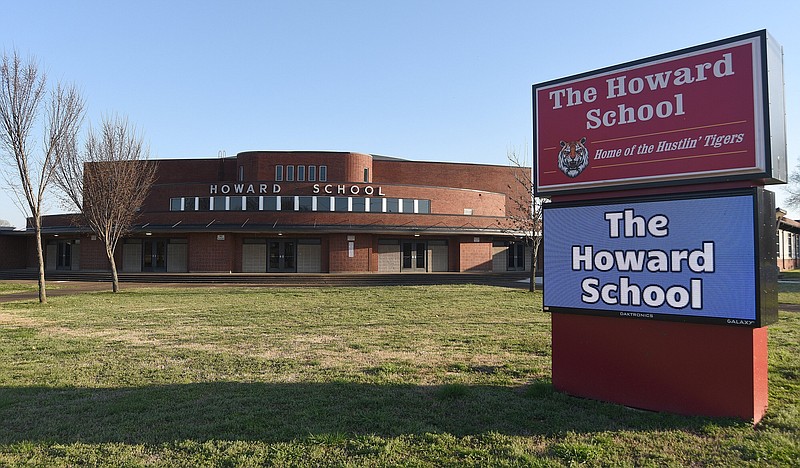 Staff Photo by Matt Hamilton / The Howard School is seen on March 3. Howard officials unveiled a new policy for the 2022-23 academic year that prohibits backpacks or hoodies within the school.