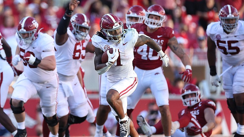 Alabama Athletics photo / Alabama junior running back and former Dalton High standout Jahmyr Gibbs breaks free for one of his two lengthy touchdown runs during the fourth quarter of Saturday’s 49-26 win at Arkansas. Gibbs was named Monday as the Southeastern Conference offensive player of the week.