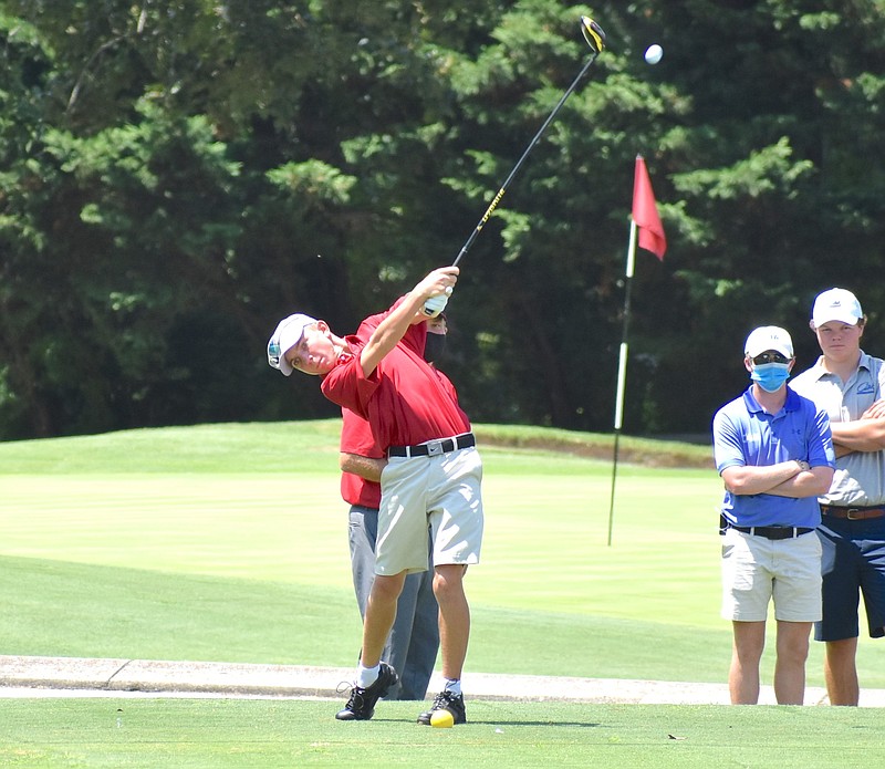 Staff Photo by Patrick MacCoon / Signal Mountain sophomore Peyton Ogle tees off during a match against CAK at the Signal Mountain Golf and Country Club on Tuesday, August 4.