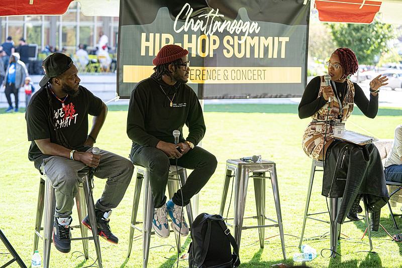Courtesy Photo by Kavontae Pitts / Panelists videographer Maurice McDowell, aka Lil Mo Films, Reginald Clack, owner of No. 89 Photography, and Brie Stephens, owner of The Brie Brand, address the crowd during the 2021 Chattanooga Hip-Hop Summit. This year's event begins Sunday and runs through Saturday.