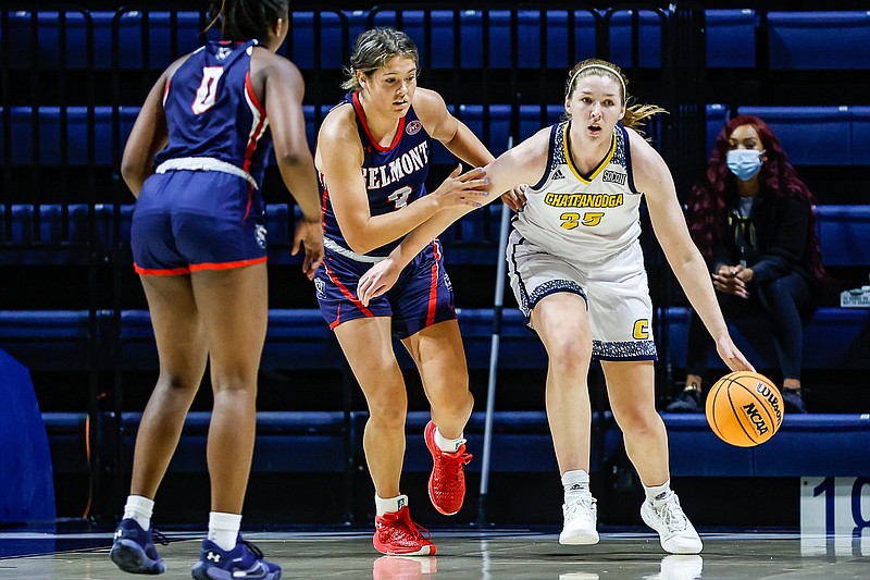 Staff photo / UTC forward Abbey Cornelius dribbles downcourt after a rebound during the Mocs' 2021-22 season opener against Belmont last November at McKenzie Arena. Cornelius is entering her fifth season with the Mocs, who have a new coach in Shawn Poppie.