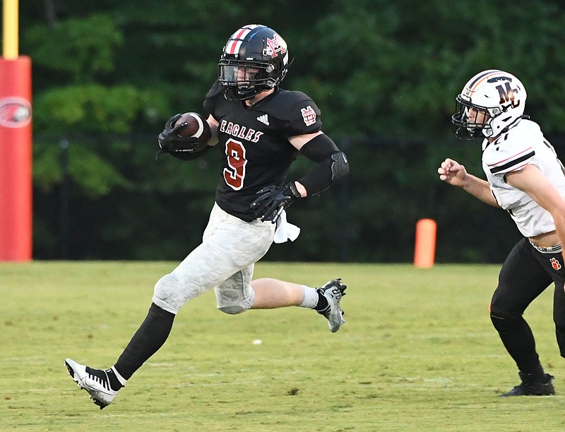 Staff photo by Robin Rudd / Signal Mountain's Rip Hutcherson returns a kick during a home game against Meigs County on Sept. 9. Hutcherson has been a standout senior this season for the Eagles, who lost 28-23 that night and are 2-5, with their defeats coming by a combined 21 points.