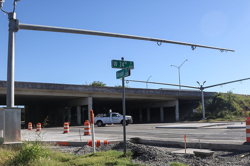 Staff file photo by Olivia Ross  / Construction continues at the I-24, South Broad Street interchange on Friday, Sept.23, 2022. Traffic light poles are seen at the end of the interchange.