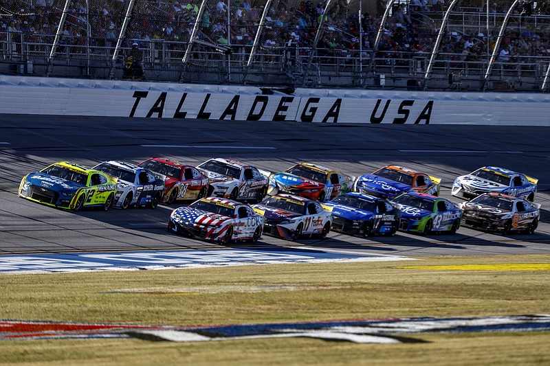 AP photo by Butch Dill / Team Penske driver Ryan Blaney (12) leads the field during this past Sunday's race at Alabama's Talladega Superspeedway.