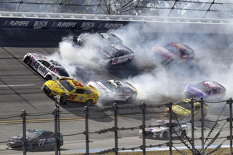AP photo by Skip Williams / Alex Bowman (48), Joey Logano (22), Austin Cindric (2), Justin Allgaier (62) and Ty Gibbs (23) are involved in a crash during last Sunday's NASCAR Cup Series race at Alabama's Talladega Superspeedway.