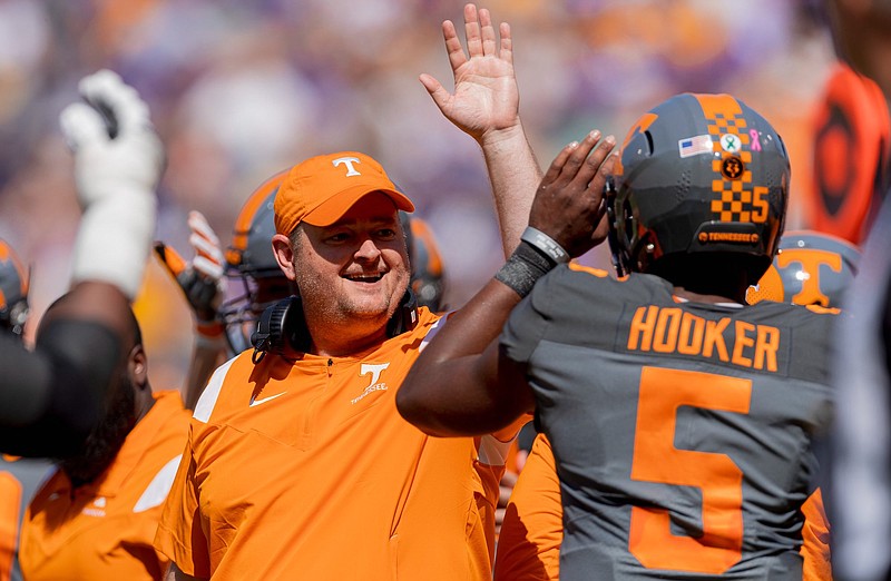 Tennessee Athletics photo / Tennessee coach Josh Heupel celebrates with quarterback Hendon Hooker during Saturday’s 40-13 rout of LSU in Baton Rouge.
