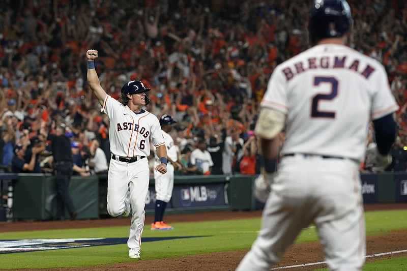 Houston Astros left fielder Jake Meyers (6) celebrates as he scores on teammate Yordan Alvarez's three-run, walk off one run against the Seattle Mariners during the ninth inning in Game 1 of an American League Division Series baseball game in Houston,Tuesday, Oct. 11, 2022. (AP Photo/David J. Phillip)