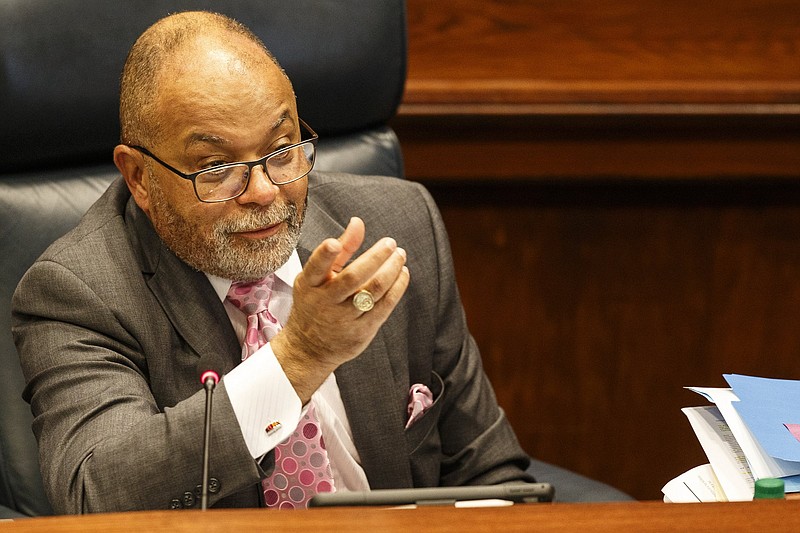 Staff Photo / Hamilton County Attorney Rheubin Taylor speaks during a County Commission meeting in the County Commission assembly room at the Hamilton County Courthouse on April 17, 2019, in Chattanooga.
