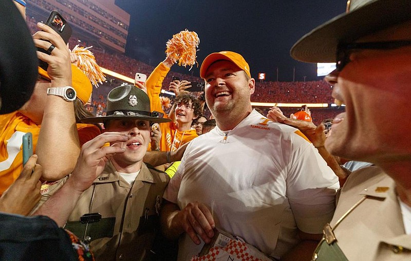 Tennessee Athletics photo by Kate Luffman / Tennessee second-year football coach Josh Heupel smiles amid a sea of orange Saturday night following the 52-49 topping of Alabama.