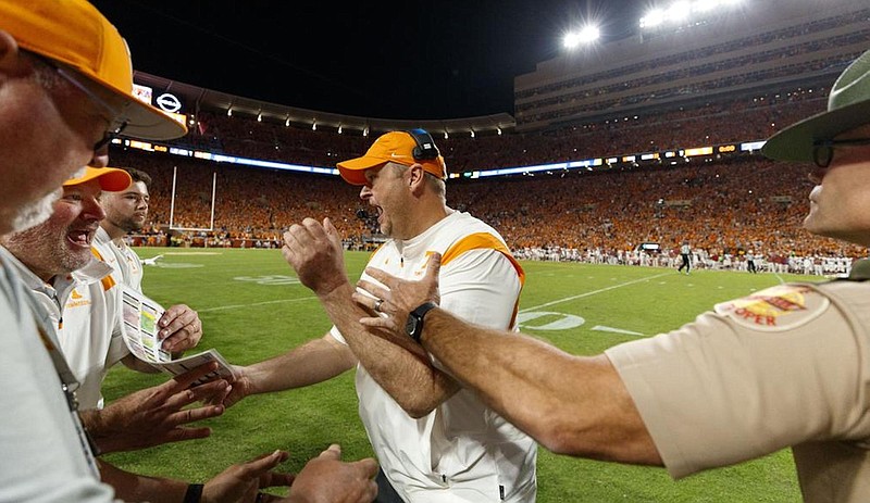 Tennessee Athletics photo by Kate Luffman / Tennessee football coach Josh Heupel lets out some emotion after Chase McGrath’s 40-yard field goal propelled the Volunteers to a 52-49 win over Alabama last Saturday night.