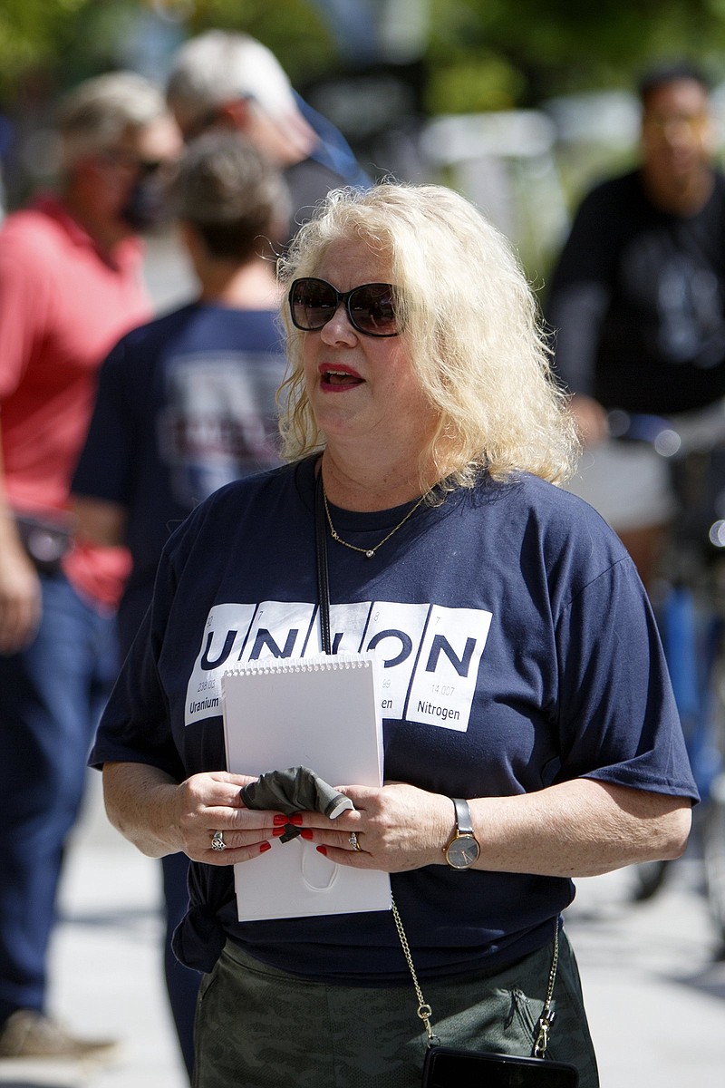 Staff file photo / Engineering Association/IFPTE Local 1937 President Gay Henson speaks to the media at Miller Park on Wednesday, June 17, 2020 in Chattanooga, Tenn. Members of the Engineering Association/IFPTE Local 1937 were protesting the announced layoffs of Tennessee Valley Authority IT workers.