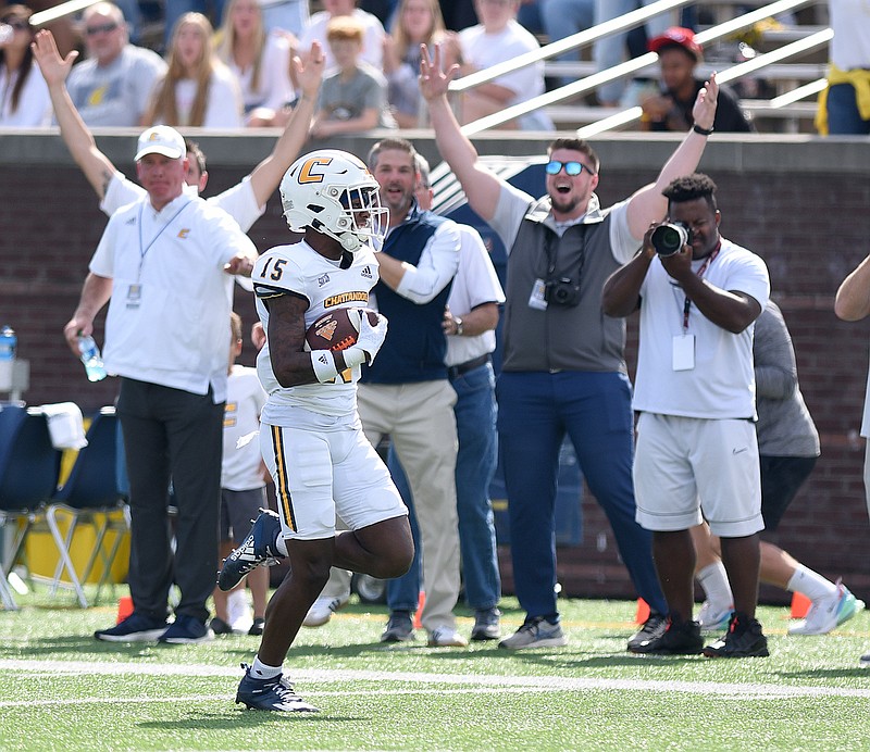 Staff photo by Matt Hamilton / UTC's Kameron Brown returns an interception 53 yards for a touchdown to help the Mocs build a 10-0 lead in Saturday's game against Mercer at Finley Stadium. UTC was up 24-0 by early in the second quarter and won 41-21 to improve to 6-1 overall and 4-0 in the SoCon.