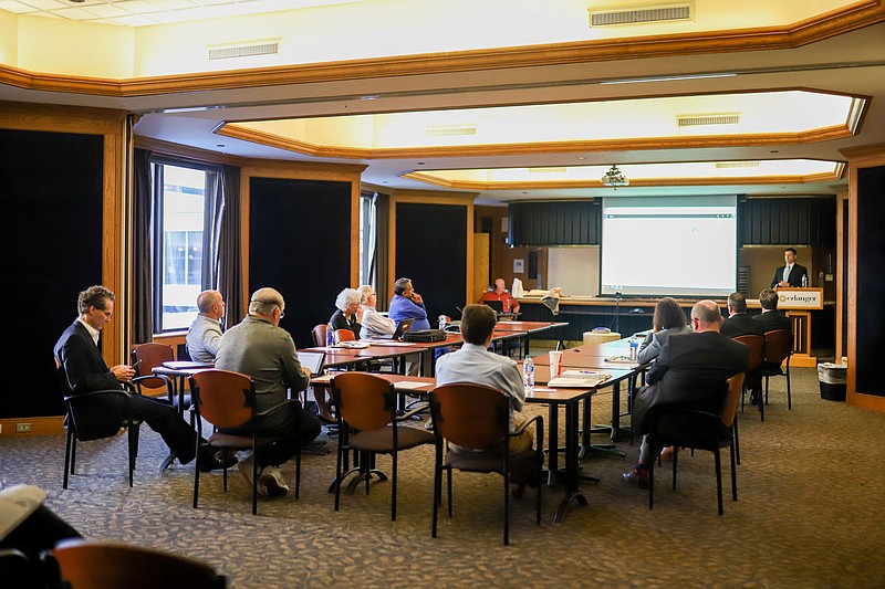 Staff photo by Olivia Ross  / Matt Stuart speaks during a budget and finance meeting on Monday, October 24, 2022. The group discussed Erlanger's year-end fiscal year audit.