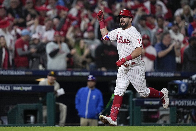 AP photo by Matt Rourke / The Philadelphia Phillies' Kyle Schwarber celebrates after hitting a home run during Game 4 of the NLCS against the San Diego Padres last Saturday. Schwarber's homers are often notable for their distance, but he's more concerned with how many runs they put on the scoreboard for the Phillies, who open the World Series against the Houston Astros on Friday.