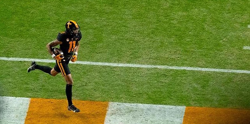 Tennessee Athletics photo / Jalin Hyatt strolls into the end zone with a 55-yard touchdown reception in last Saturday night’s 44-6 throttling of Kentucky.
