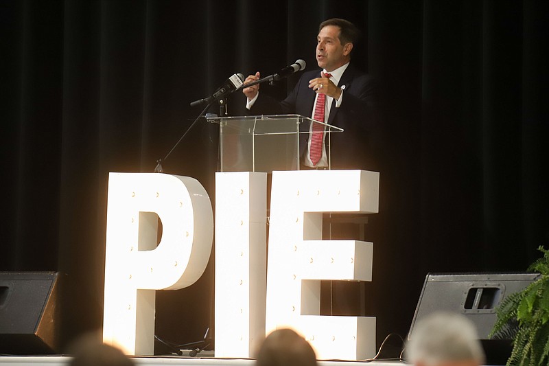 Staff photo by Olivia Ross  / US Congressman Chuck Fleischmann speaks to the audience. The PIE Innovation Center in Cleveland holds its grand opening and ribbon cutting ceremony on Tuesday, November 1, 2022.