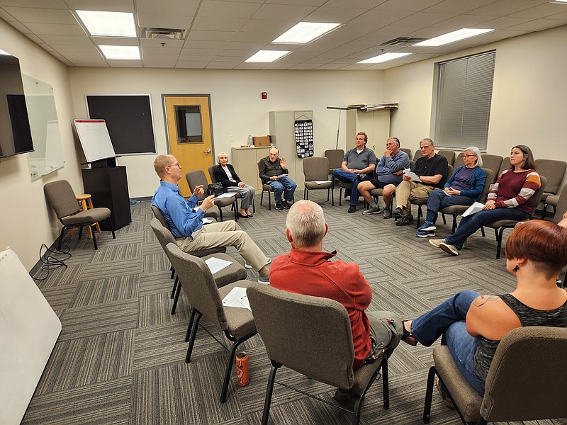 Staff photo by Andrew Schwartz / Pastor Nathan Malone leads a "3Practice Circle" at Christ United Methodist Church on Wednesday, Nov. 2, 2022.