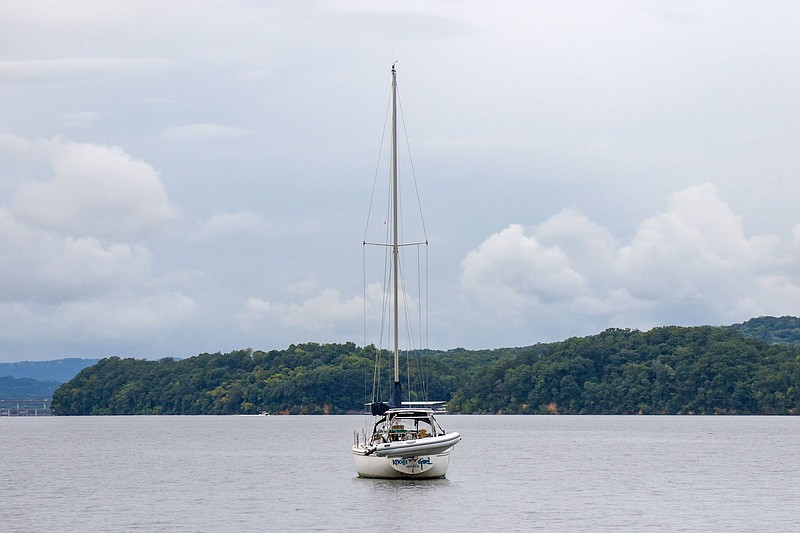 Staff Photo by Olivia Ross  / A sailboat floats on Chickamauga Lake at Booker T. Washington State Park on Labor Day, Sept. 5, 2022.