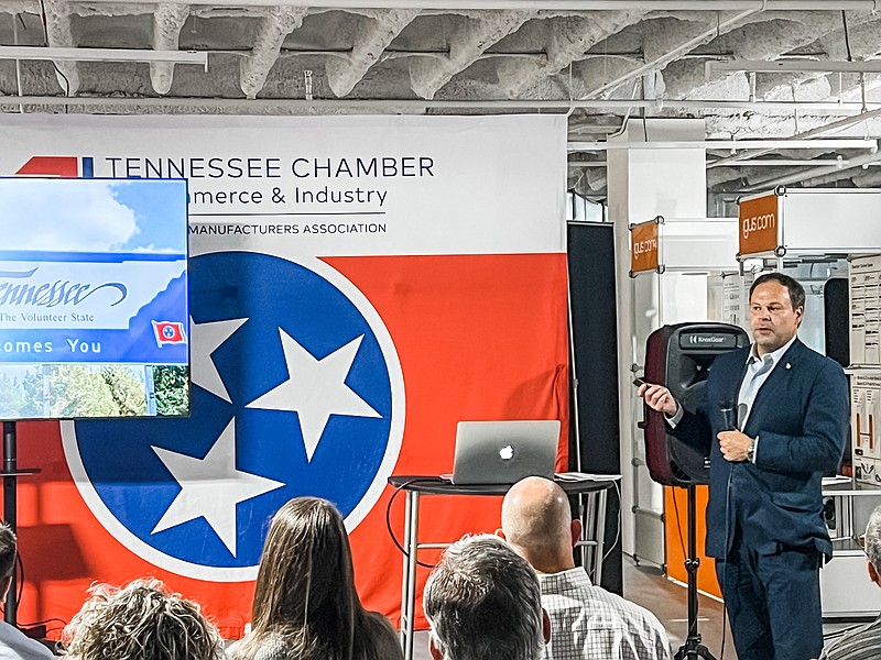 Tennessee Chamber of Commerce and Industry  / Bradley Jackson, president of the Tennessee Chamber of Commerce and Industry, talks Wednesday, Nov. 9, 2022, during a Tennessee Manufacturing Road Show about the approval of Amendment 1 to enshrine Tennessee's right-to-work law in the state constitution.