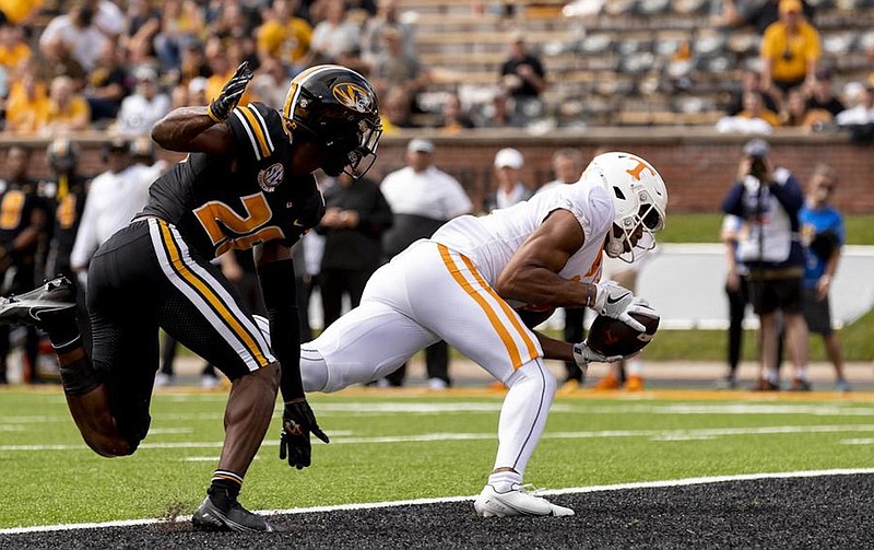Tennessee Athletics photo by Andrew Ferguson / Cedric Tillman’s catch of a 24-yard touchdown pass from Hendon Hooker midway through the third quarter gave Tennessee a 55-17 lead in last year’s 62-24 rout of Missouri in Columbia.
