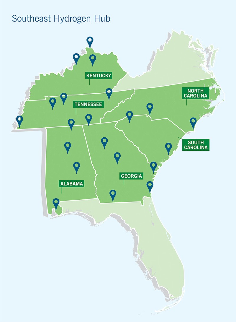 Tennessee Valley Authority / The map shows utilities and potential development sites in Tennessee, Georgia, Alabama, Kentucky and North and South Carolina for a proposed Southeast Hydrogen Hub. The coalition of five utilities, including the Tennessee Valley Authority, is seeing matching funds from the U.S. Department of Energy for regional hydrogen hubs offered under the infrastructure investment spending package adopted by Congress last year.