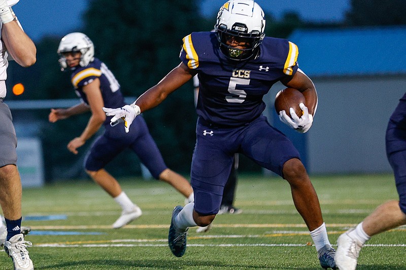 Staff file photo / For the second straight week, Chattanooga Christian School running back Javoris Havis (5) had a standout performance to help the Chargers advance in the TSSAA Division II-AA playoffs.