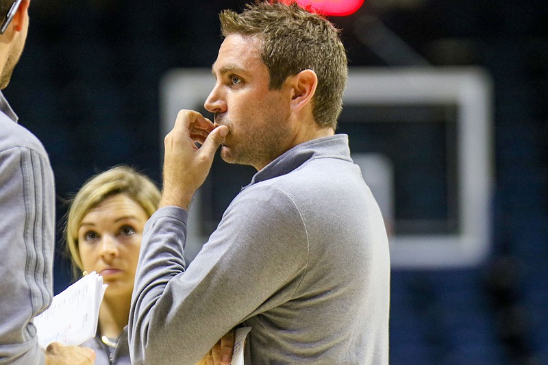 Staff photo by Olivia Ross / UTC women's basketball cach Shawn Poppie, shown during Monday's season-opening win against Young Harris, was frustrated by a lack of effort and energy in Saturday's home loss to Austin Peay.